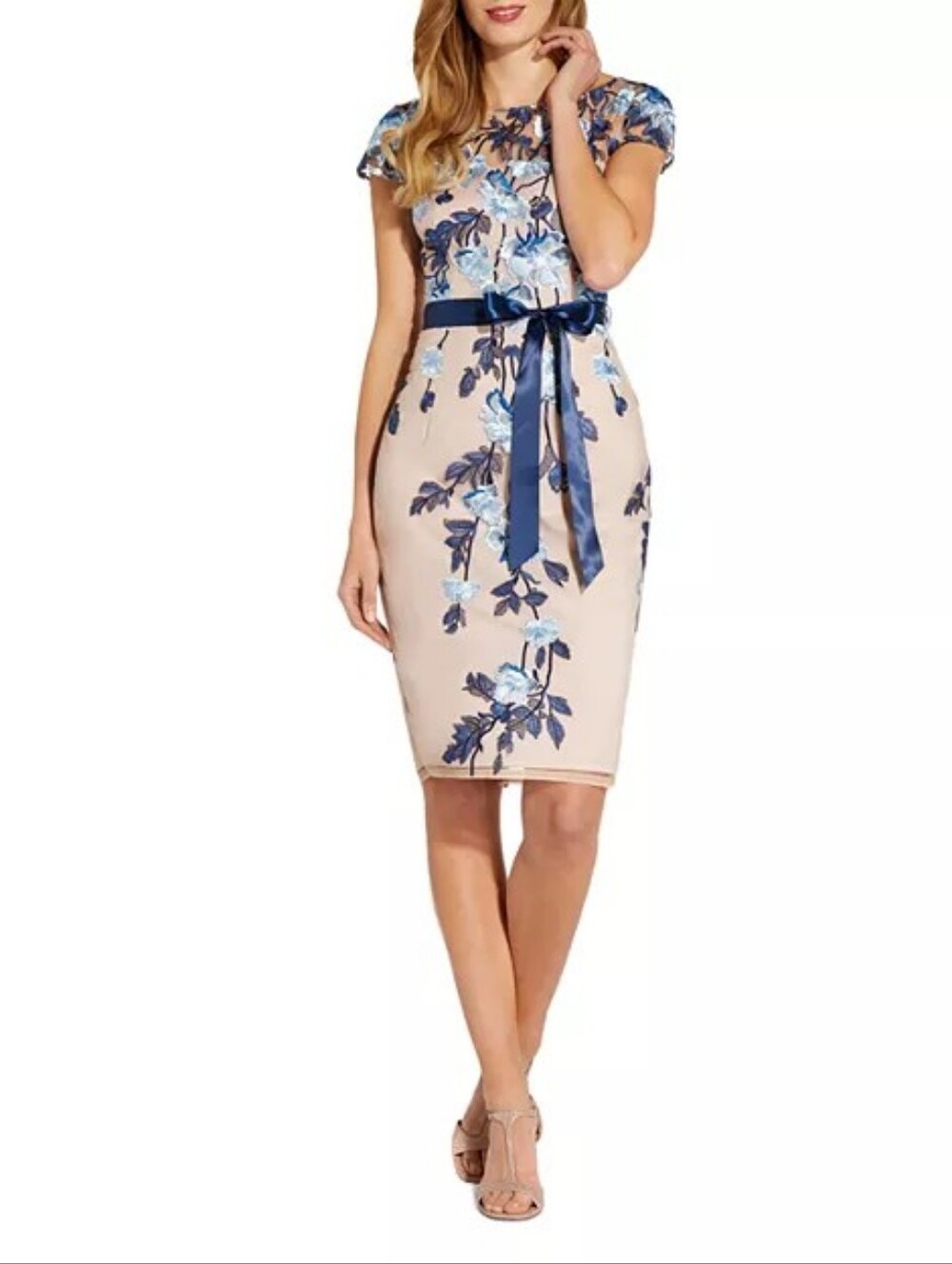 Adrianna Papell Blue Floral Embroidered Midi Dress with Satin Tie - Nude